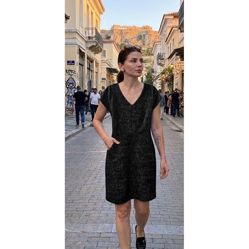 Loft Shimmering Tweed Dress 8  Black Gray V Neck  Tie Back Cap Sl Sheath Classic